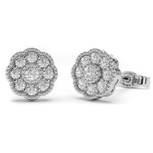 White Gold 925 Sterling Silver Iced Cz  Flower Set Cz Screw Back Stud Earrings